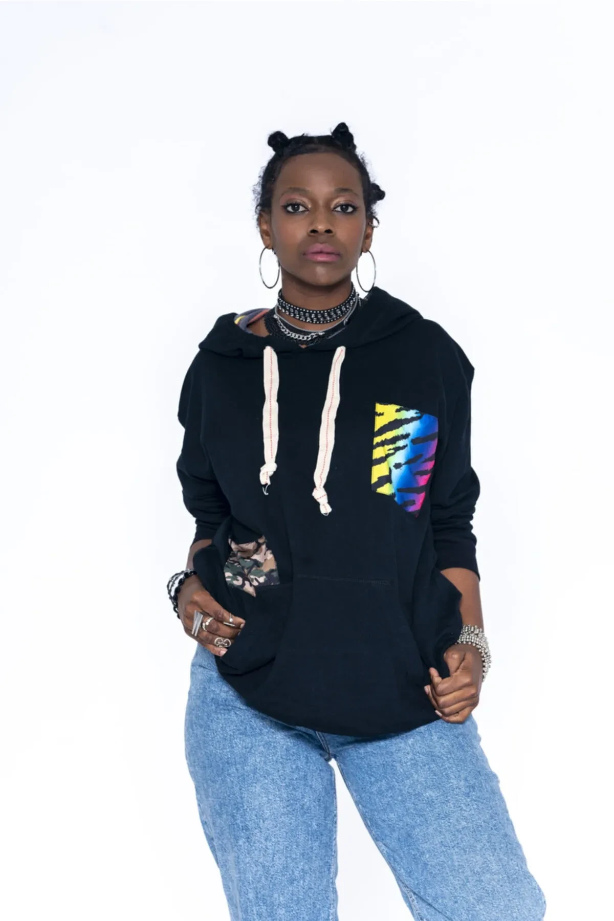  Siyah Desenli Oversize Kadın Sweatshirt