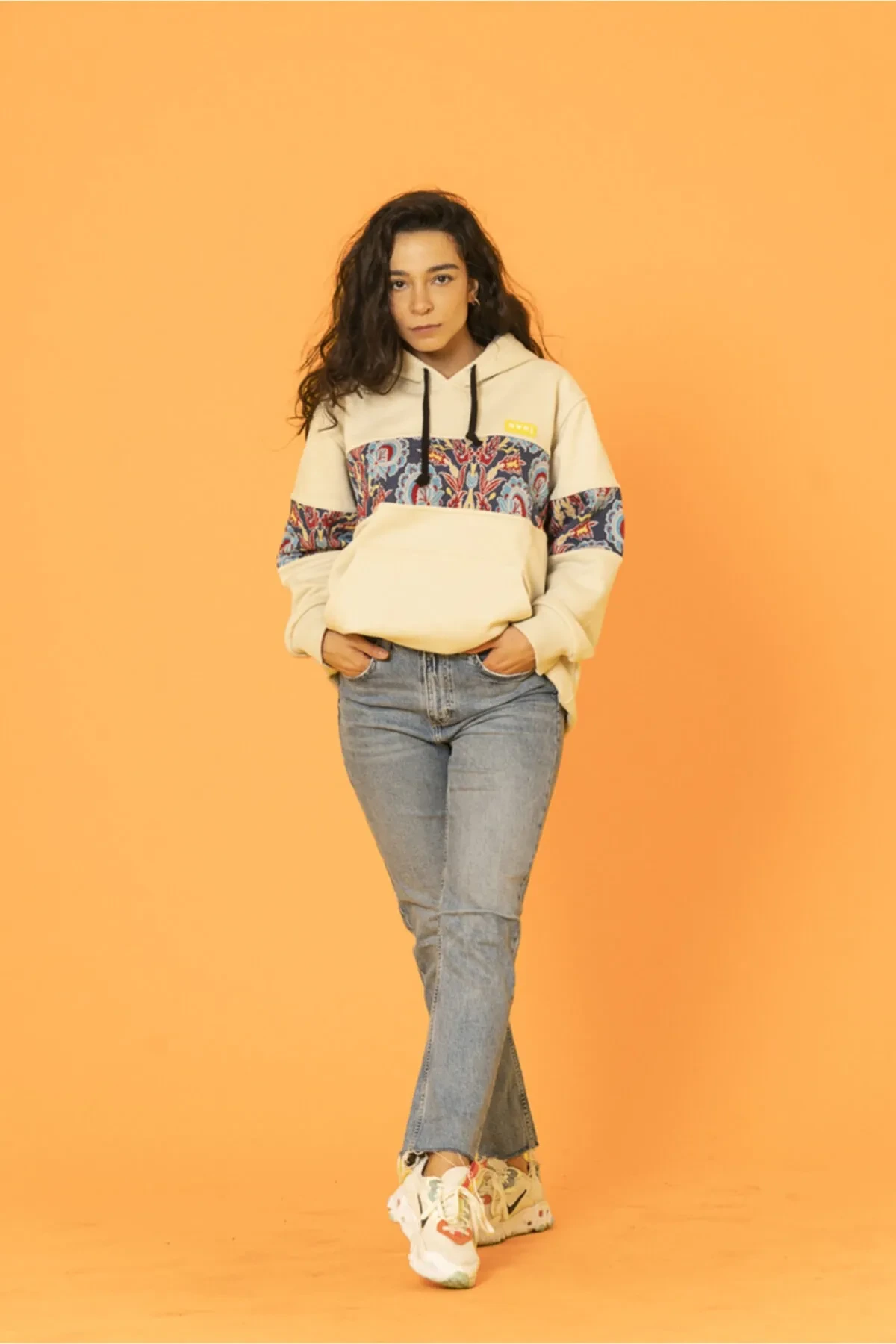 Nani | Taş Rengi, Mavi Motifli Parça Oversize Unisex Sweatshirt